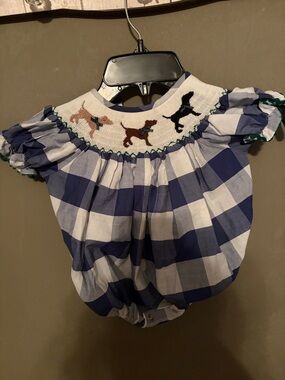 Blue and White Gingham Smocked Baby Bubble with Dog Motif 3m